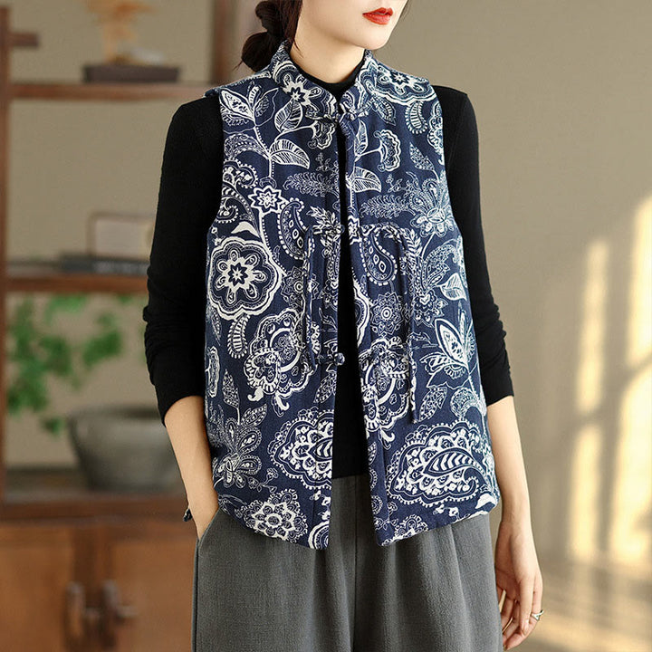 Chaleco de algodón sin mangas para mujer con estampado de plantas de Buddha Stones y botones de rana, con bolsillos - Azul medianoche - US8-10，UK/AU12-14，EU40-42 (2XL) - image 0