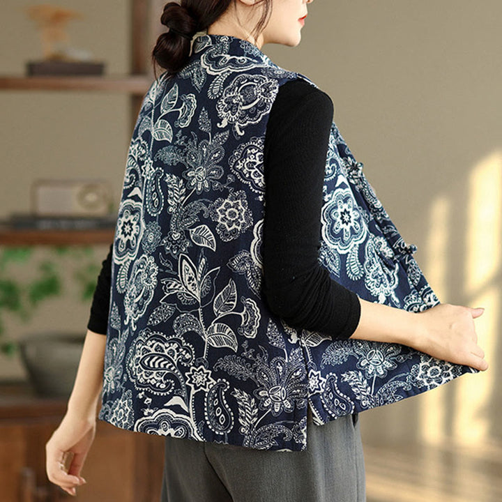 Chaleco de algodón sin mangas para mujer con estampado de plantas de Buddha Stones y botones de rana, con bolsillos - image 4