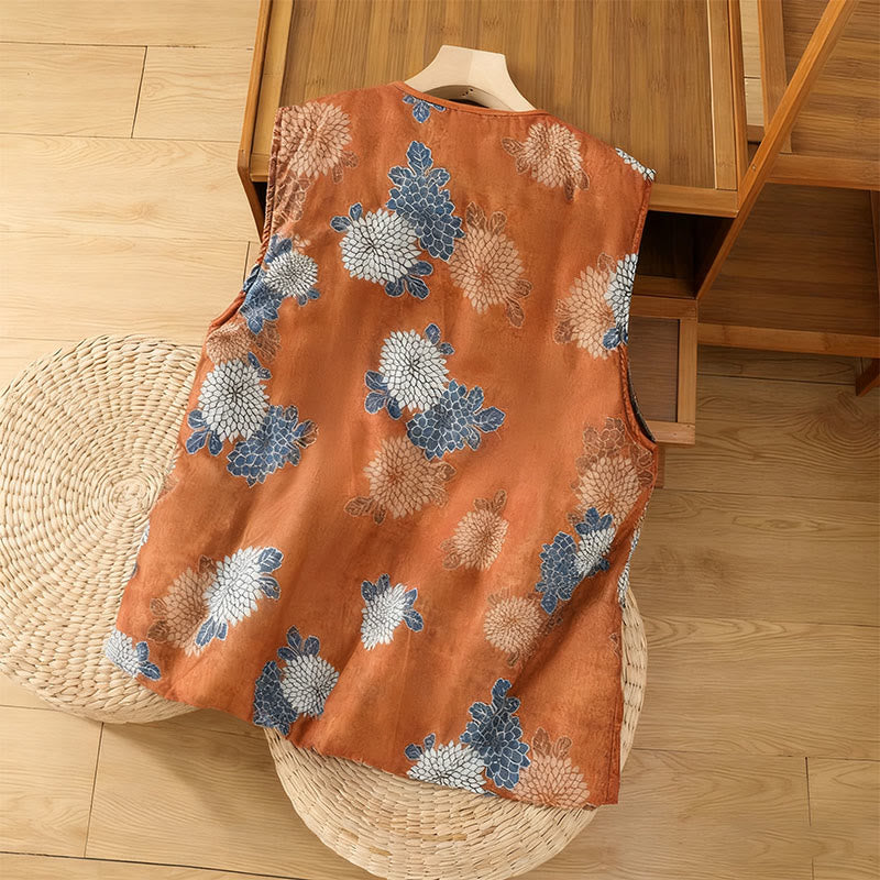 Chaleco de algodón sin mangas para mujer con estampado floral de Buddha Stones y bolsillos. - image 1