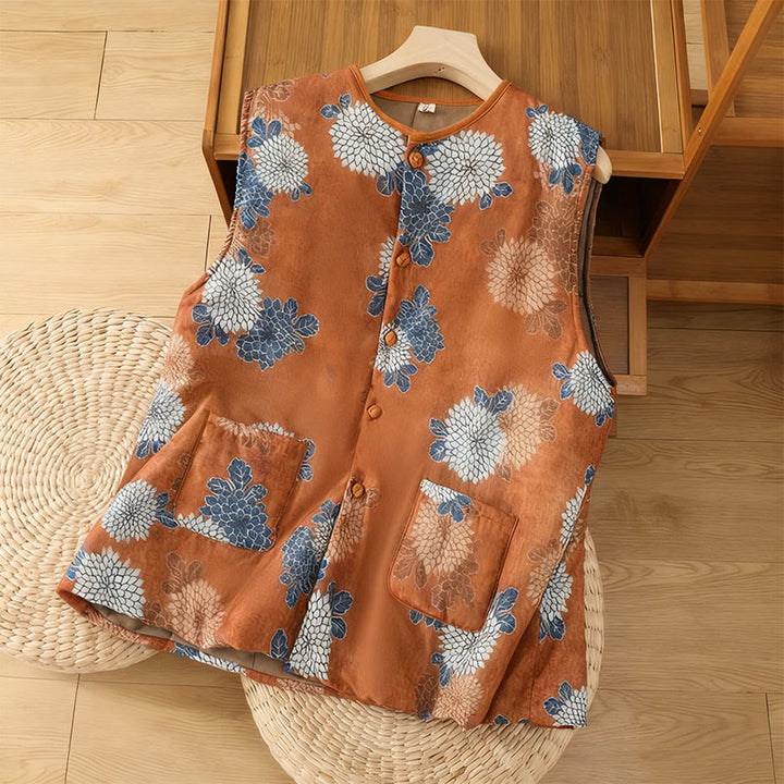 Chaleco de algodón sin mangas para mujer con estampado floral de Buddha Stones y bolsillos. - Chocolate - US4, UK/AU8, EU36 (F) - image 0