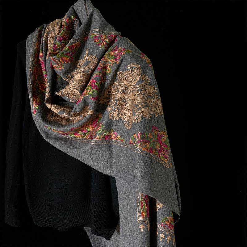 Bufanda chal acogedora con borlas y diseño de flores de vides coloridas de invierno con Buddha Stones - Gris - 185*70cm - image 0