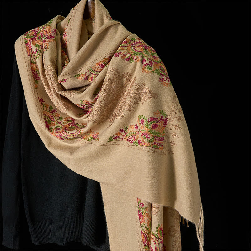 Bufanda chal acogedora con borlas y diseño de flores de vides coloridas de invierno con Buddha Stones - Beige - 185*70 cm - image 6