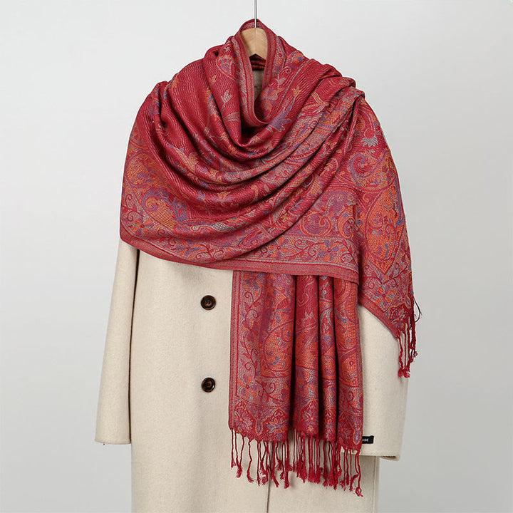 Bufanda chal suave con borlas y diseño de flores de anacardo primaverales con Buddha Stones - IndianRed - 184*70 cm - image 10