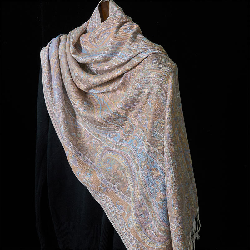 Bufanda chal suave con borlas y diseño geométrico de flores de anacardo, hojas y vides de Buddha Stones y piedras - Beige - 178*71 cm - image 6