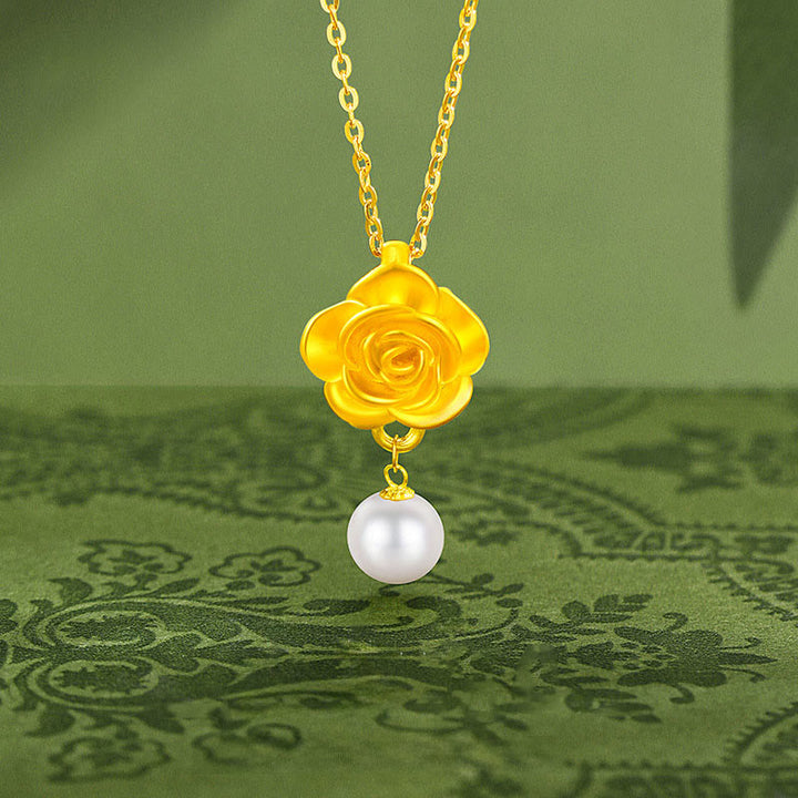 Collar con colgante curativo de perlas de camelia y oro bañado en plata de ley 999 con Buddha Stones - image 2