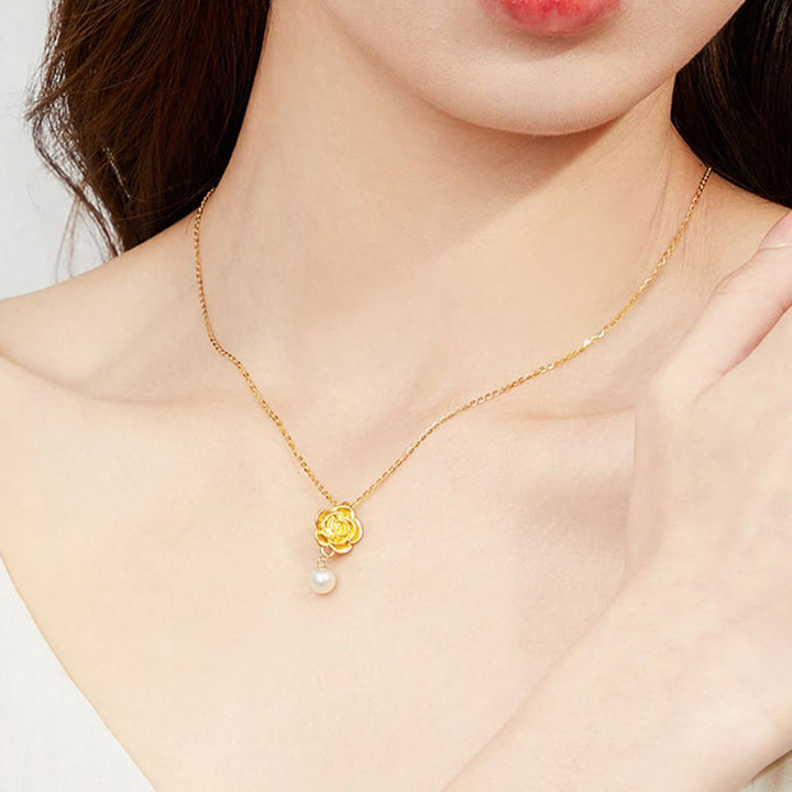 Collar con colgante curativo de perlas de camelia y oro bañado en plata de ley 999 con Buddha Stones - image 4