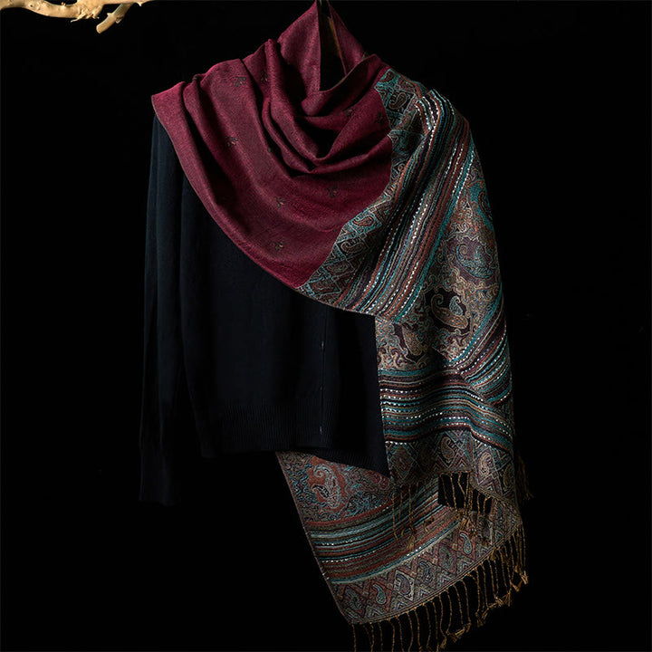 Bufanda chal suave con borlas y diseño geométrico de rayas y flores de anacardo de primavera con Buddha Stones - image 7