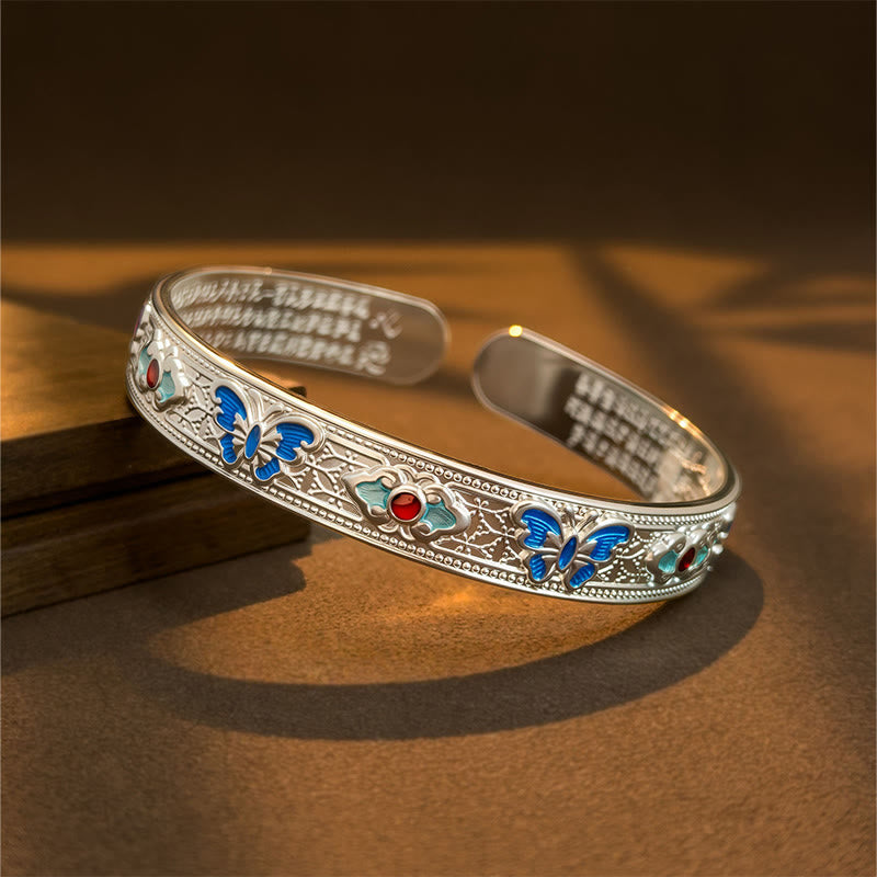 Pulsera ajustable abierta con Buddha Stones, corazón, sutra, mariposa, cobre, esmalte, curación - Plateado - image 6