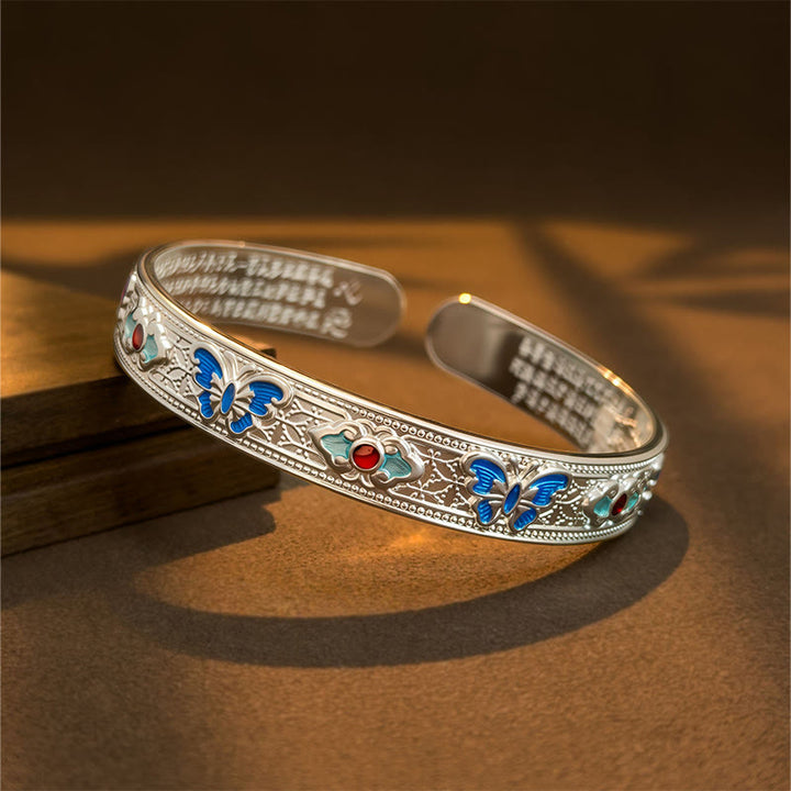 Pulsera ajustable abierta con Buddha Stones, corazón, sutra, mariposa, cobre, esmalte, curación - Plateado - image 6