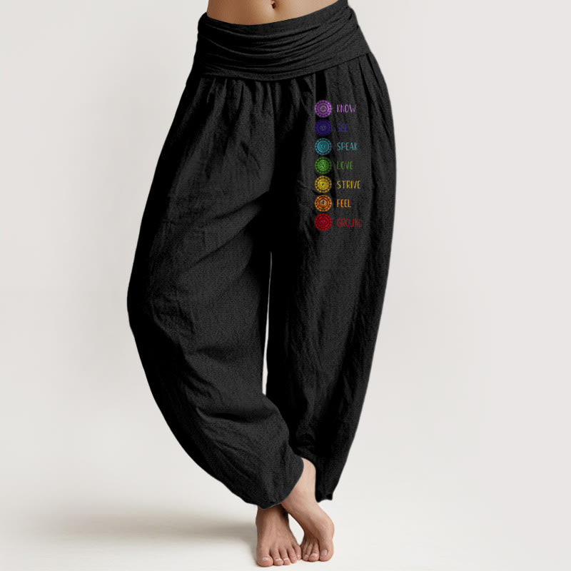 Pantalones harén de algodón puro con cintura elástica para mujer, estampado de Buddha Stones y siete chakras - Negro - US22，UK/AU26，EU54 (6XL) - image 0