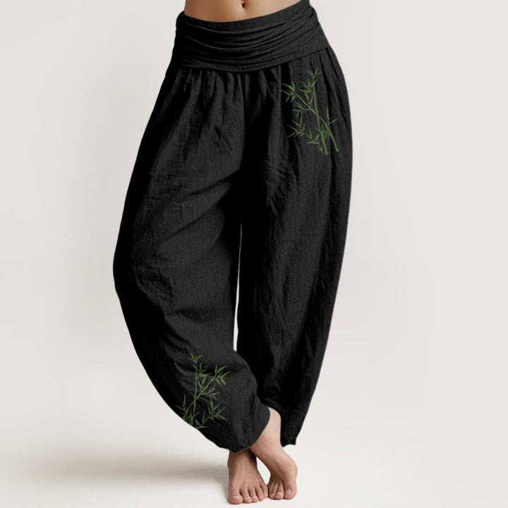 Pantalones harén de algodón puro con cintura elástica para mujer, estampado de Buddha Stones y bambú verde - Negro - US22，UK/AU26，EU54 (6XL) - image 0