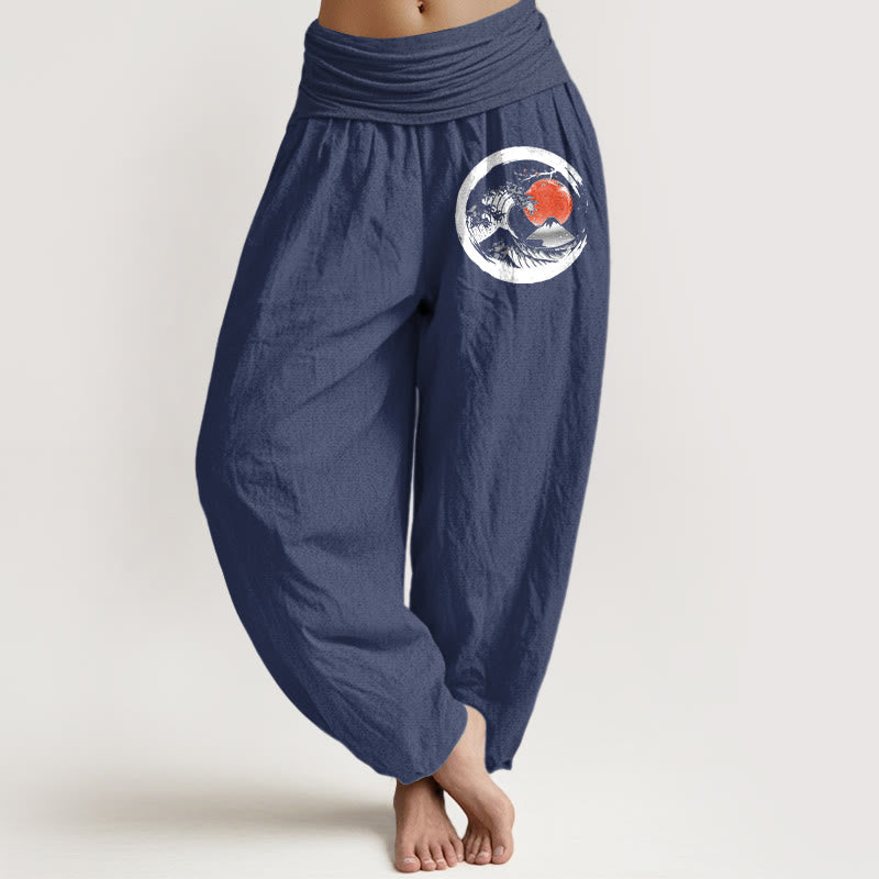 Pantalones harén de algodón puro con cintura elástica para mujer, con estampado de Buddha Stones, olas, sol y montañas - Azul pizarra oscuro - US22，UK/AU26，EU54 (6XL) - image 5