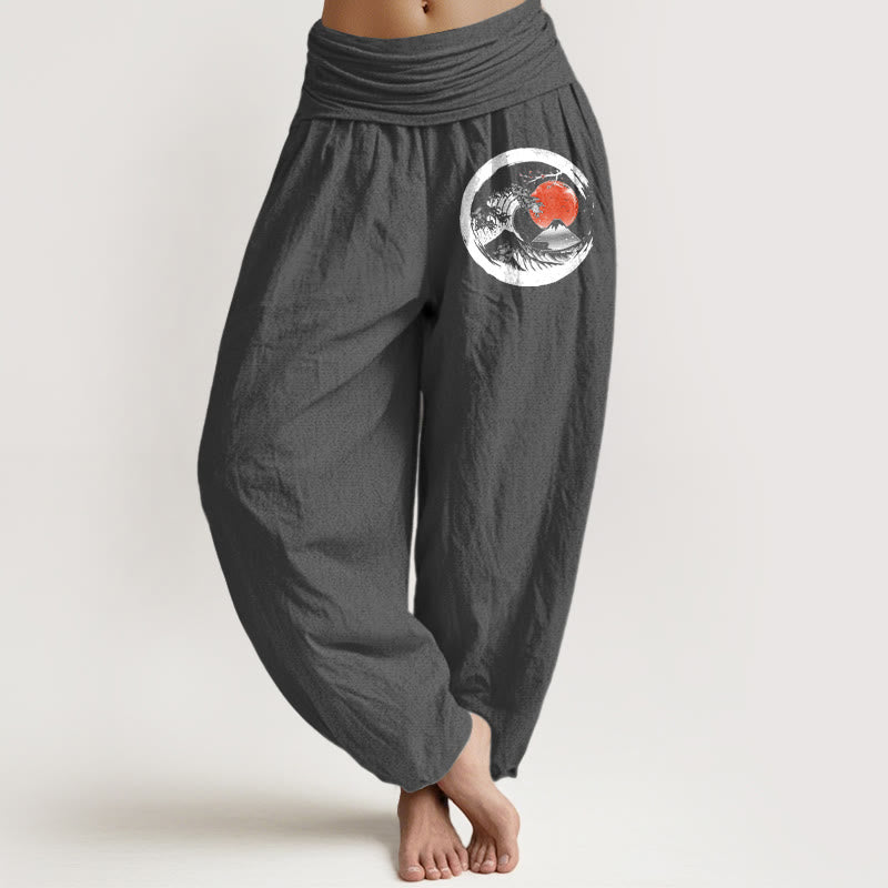 Pantalones harén de algodón puro con cintura elástica para mujer, con estampado de Buddha Stones, olas, sol y montañas - Gris - US22，UK/AU26，EU54 (6XL) - image 8