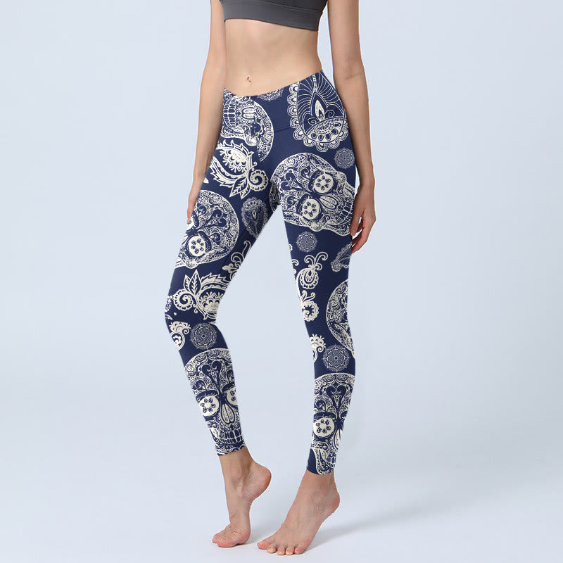 Leggings de yoga para mujer con estampado de calavera y plantas de cachemira y Buddha Stones - Marina de guerra - US18，UK/AU22，EU50 (4XL) - image 0