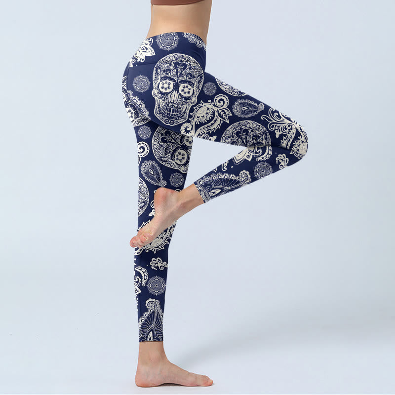 Leggings de yoga para mujer con estampado de calavera y plantas de cachemira y Buddha Stones - image 3