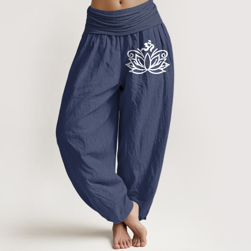 Pantalones harén de algodón puro con cintura elástica para mujer, diseño de flor de loto y símbolo Om , con Buddha Stones - Azul pizarra oscuro - US22，UK/AU26，EU54 (6XL) - image 5