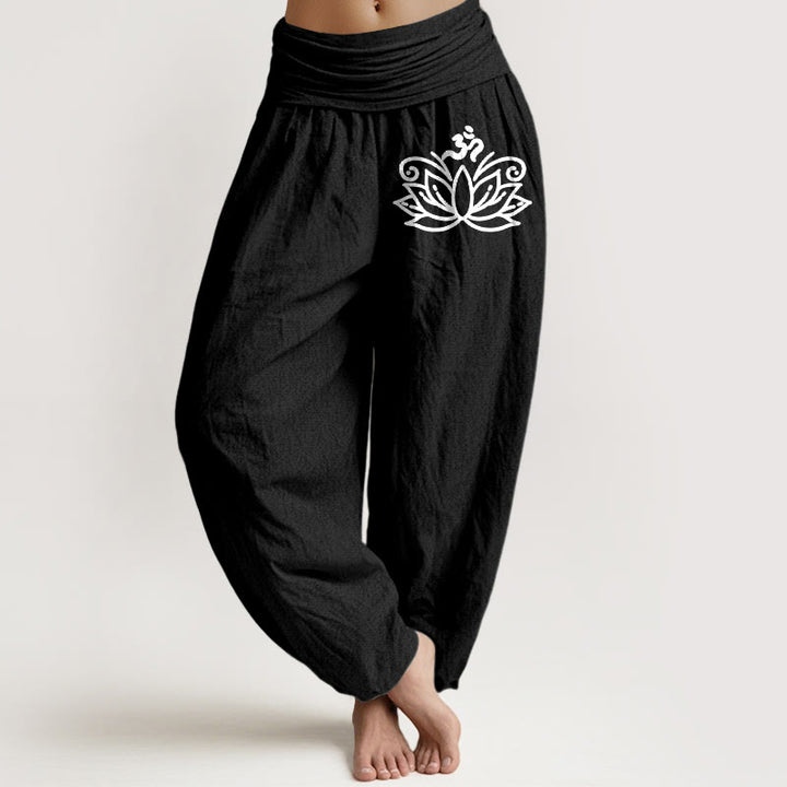 Pantalones harén de algodón puro con cintura elástica para mujer, diseño de flor de loto y símbolo Om , con Buddha Stones - Negro - US22，UK/AU26，EU54 (6XL) - image 0