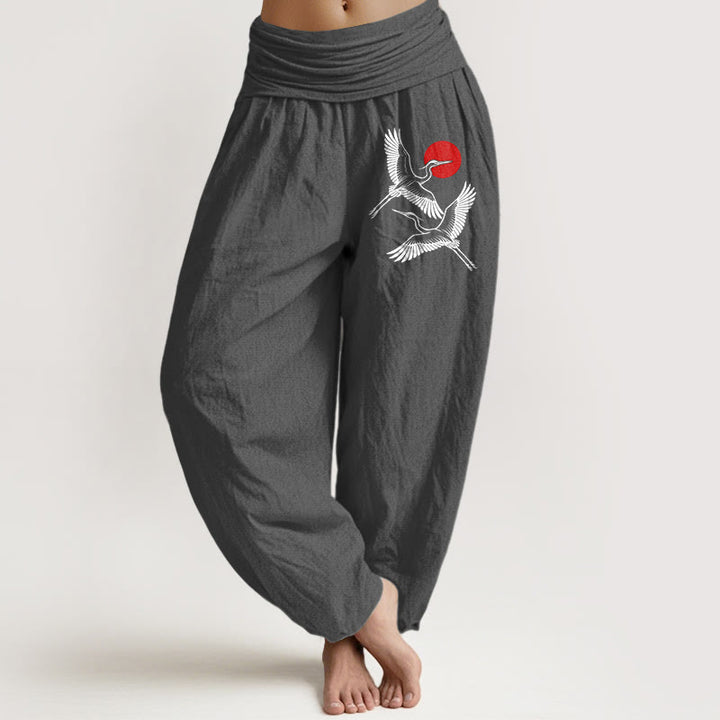 Pantalones harén de algodón puro con cintura elástica para mujer, con estampado de grullas rojas y piedras de Buddha Stones - Gris - US22，UK/AU26，EU54 (6XL) - image 8
