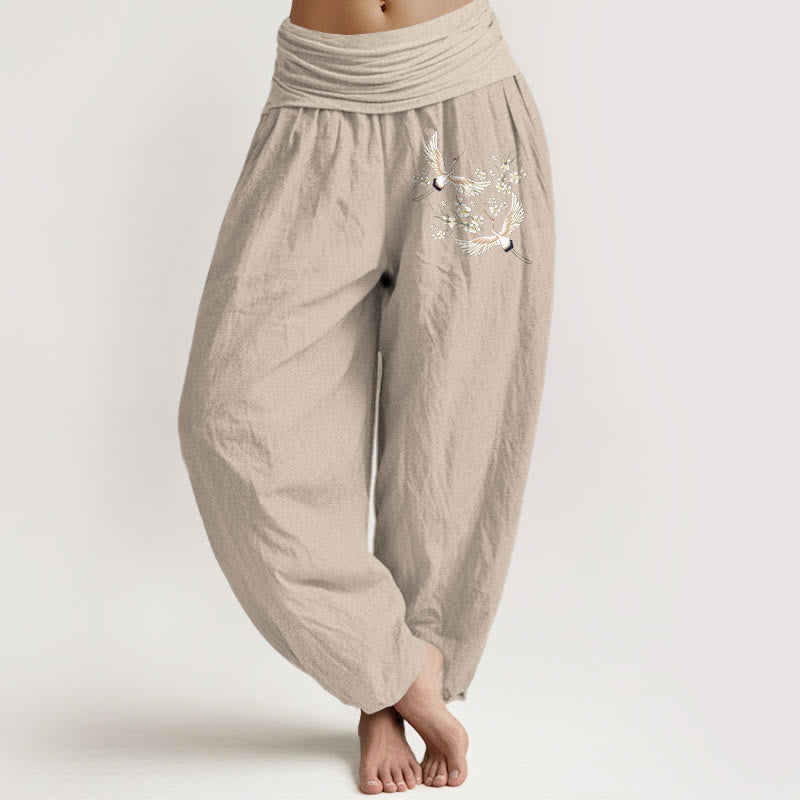 Pantalones harén de algodón puro para mujer con cintura elástica y estampado de flores y grullas de Buddha Stones - Broncearse - US22，UK/AU26，EU54 (6XL) - image 11