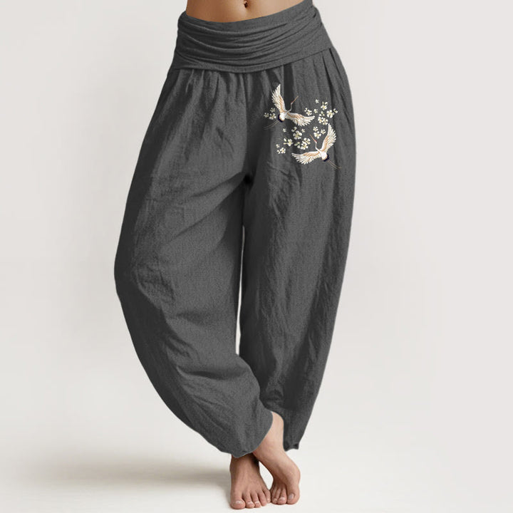 Pantalones harén de algodón puro para mujer con cintura elástica y estampado de flores y grullas de Buddha Stones - Gris - US22，UK/AU26，EU54 (6XL) - image 8