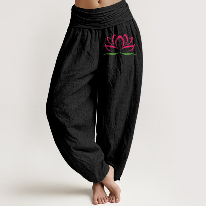 Pantalones harén de algodón puro con cintura elástica para mujer, diseño simple con Buddha Stones y estampado de loto rosa - Negro - US22，UK/AU26，EU54 (6XL) - image 0