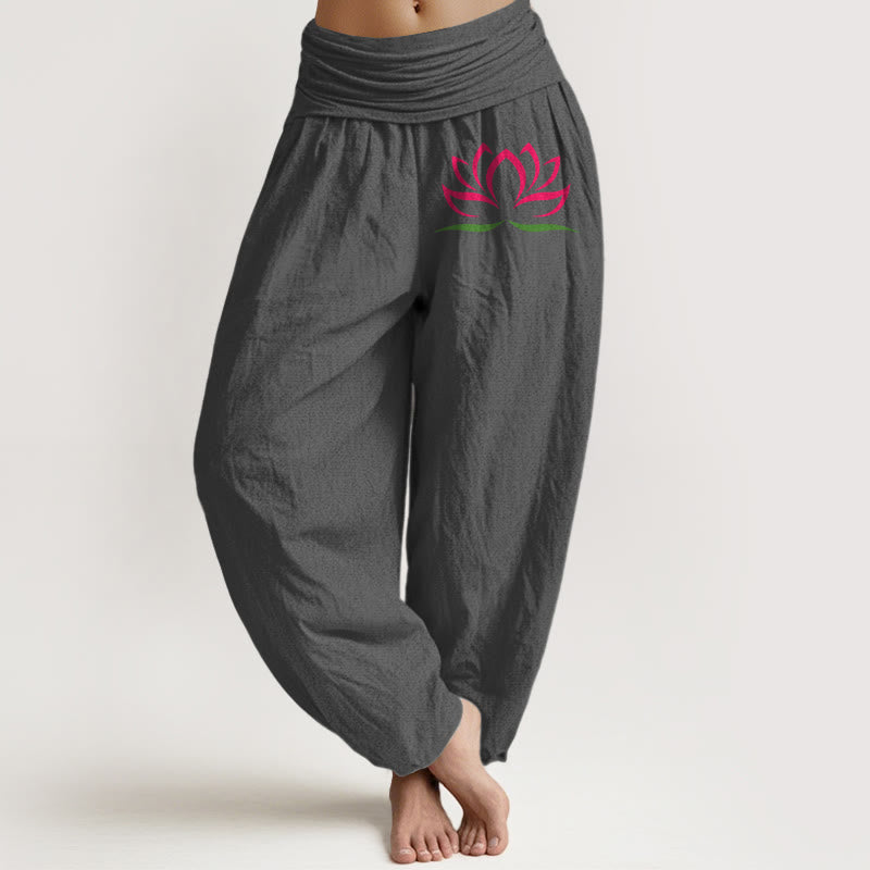 Pantalones harén de algodón puro con cintura elástica para mujer, diseño simple con Buddha Stones y estampado de loto rosa - Gris - US22，UK/AU26，EU54 (6XL) - image 8
