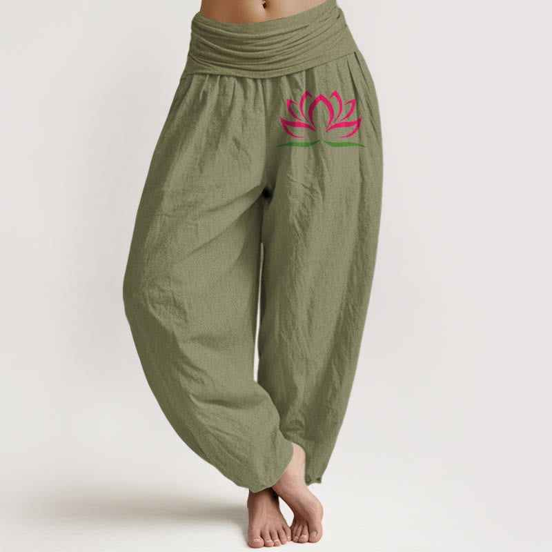 Pantalones harén de algodón puro con cintura elástica para mujer, diseño simple con Buddha Stones y estampado de loto rosa - Verde oliva - US22，UK/AU26，EU54 (6XL) - image 14