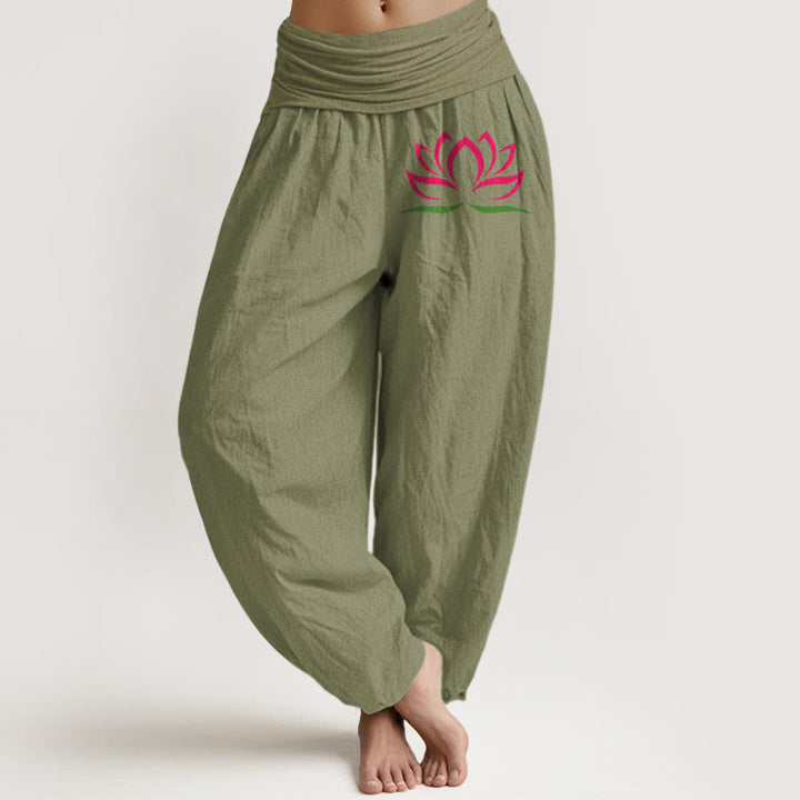 Pantalones harén de algodón puro con cintura elástica para mujer, diseño simple con Buddha Stones y estampado de loto rosa - Verde oliva - US22，UK/AU26，EU54 (6XL) - image 14