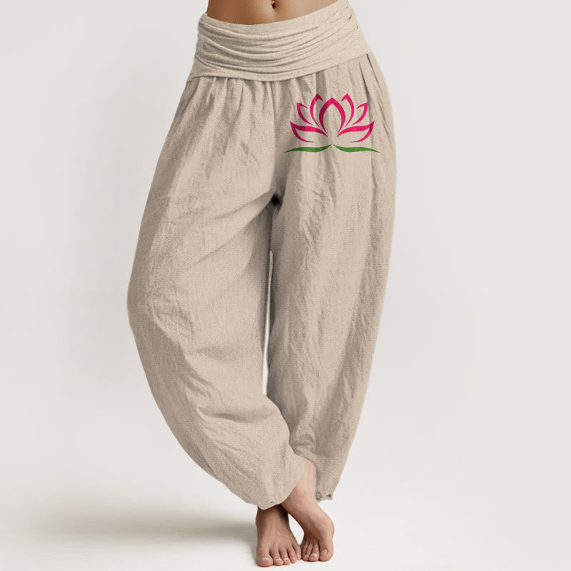 Pantalones harén de algodón puro con cintura elástica para mujer, diseño simple con Buddha Stones y estampado de loto rosa - Broncearse - US22，UK/AU26，EU54 (6XL) - image 11