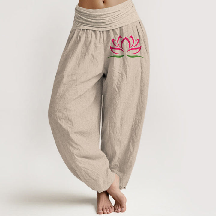 Pantalones harén de algodón puro con cintura elástica para mujer, diseño simple con Buddha Stones y estampado de loto rosa - Broncearse - US22，UK/AU26，EU54 (6XL) - image 11