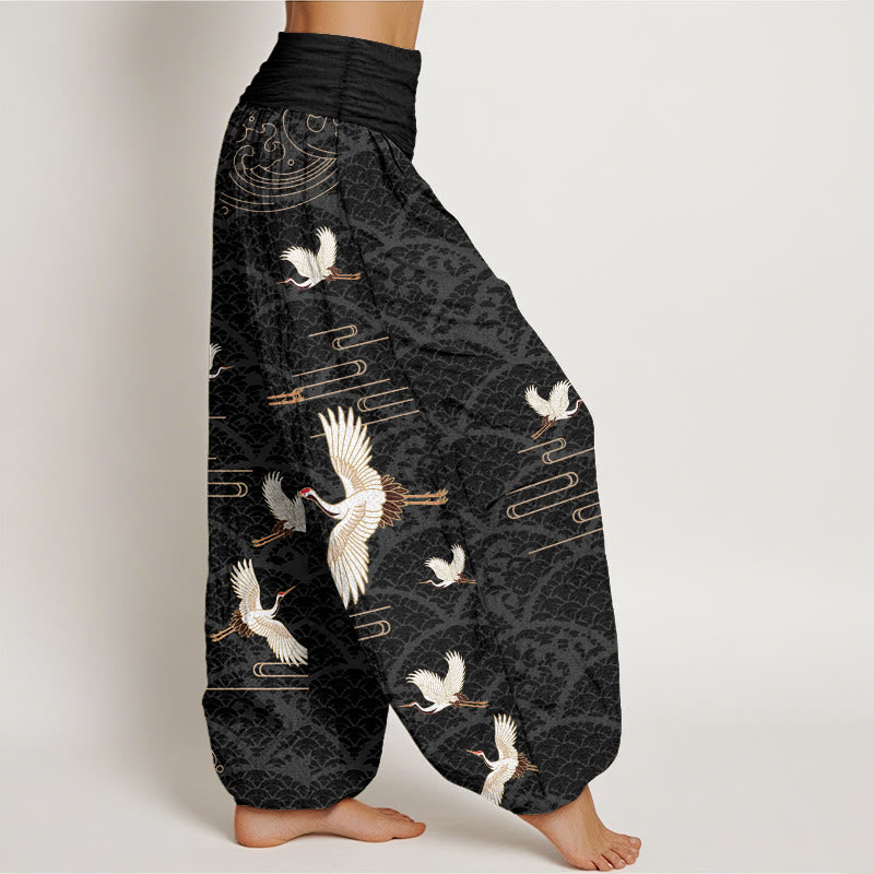 Pantalones harén de algodón puro con cintura elástica para mujer, estampado de grullas y ondas de Buddha Stones - image 1
