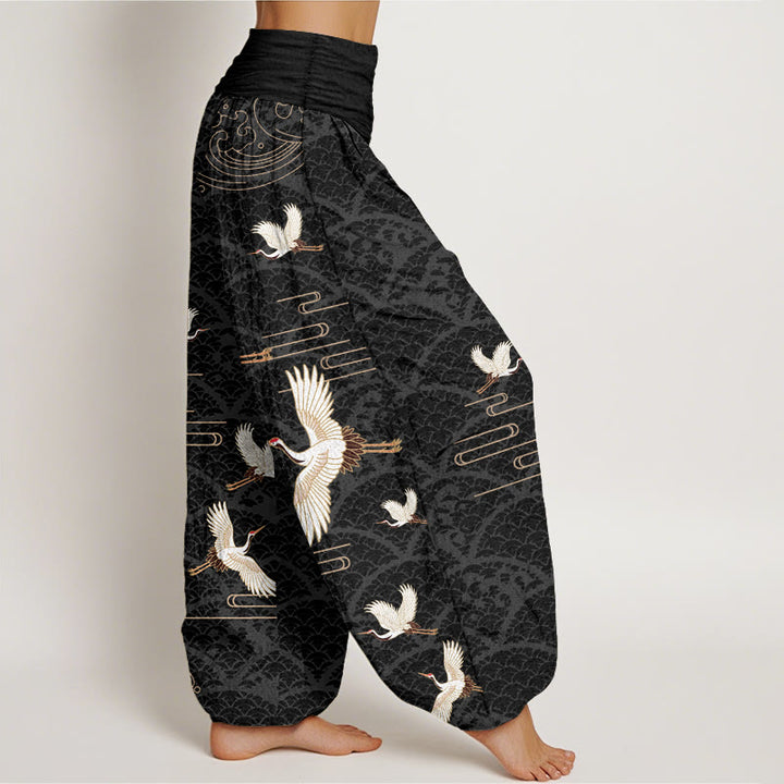 Pantalones harén de algodón puro con cintura elástica para mujer, estampado de grullas y ondas de Buddha Stones - image 1