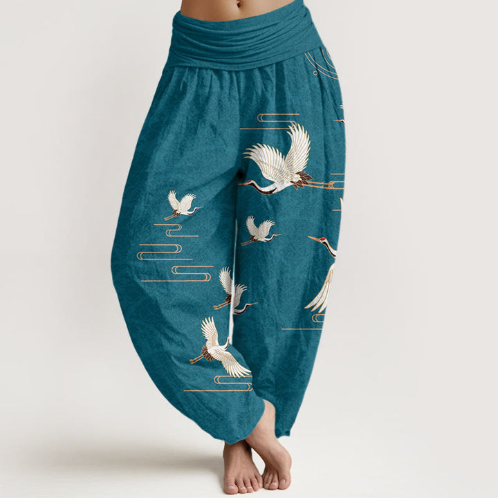 Pantalones harén de algodón puro con cintura elástica para mujer, estampado de grullas y ondas de Buddha Stones - Cian oscuro - US22，UK/AU26，EU54 (6XL) - image 5