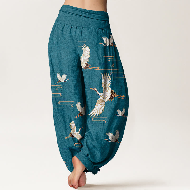 Pantalones harén de algodón puro con cintura elástica para mujer, estampado de grullas y ondas de Buddha Stones - image 7