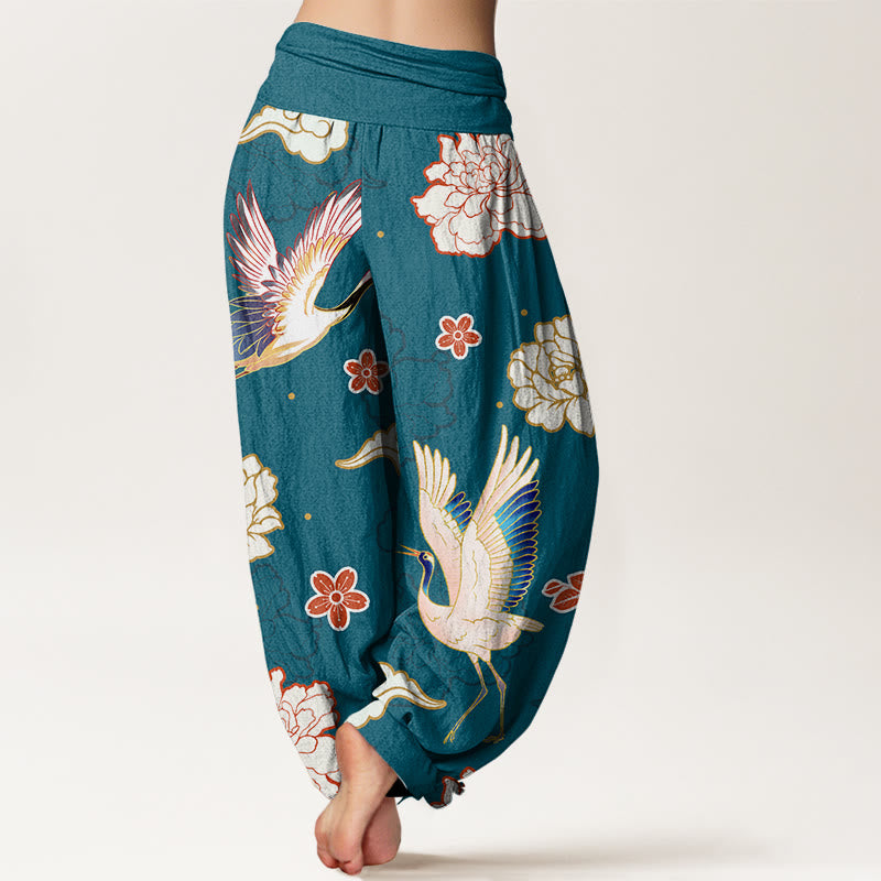 Pantalones harén de algodón puro con cintura elástica para mujer, estampado de Buddha Stones , grullas y peonías - image 2