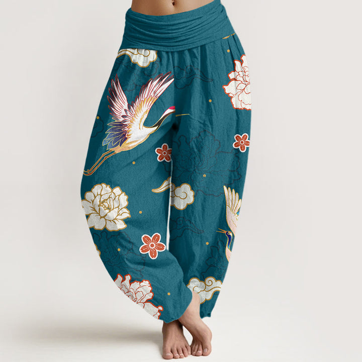 Pantalones harén de algodón puro con cintura elástica para mujer, estampado de Buddha Stones , grullas y peonías - Cian oscuro - US22，UK/AU26，EU54 (6XL) - image 0