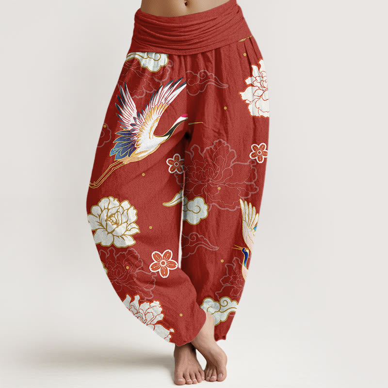 Pantalones harén de algodón puro con cintura elástica para mujer, estampado de Buddha Stones , grullas y peonías - Ladrillo refractario - US22，UK/AU26，EU54 (6XL) - image 5