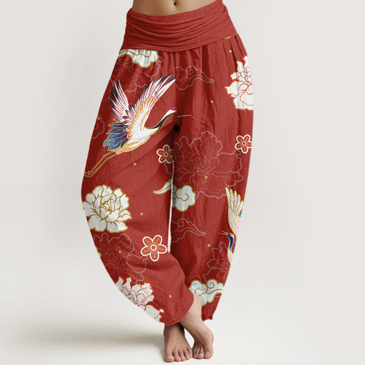 Pantalones harén de algodón puro con cintura elástica para mujer, estampado de Buddha Stones , grullas y peonías - Ladrillo refractario - US22，UK/AU26，EU54 (6XL) - image 5