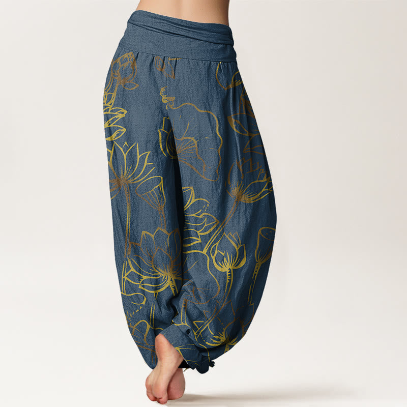 Pantalones harén de algodón con cintura elástica para mujer, estampado de Buddha Stones, flores de loto y hojas - image 2