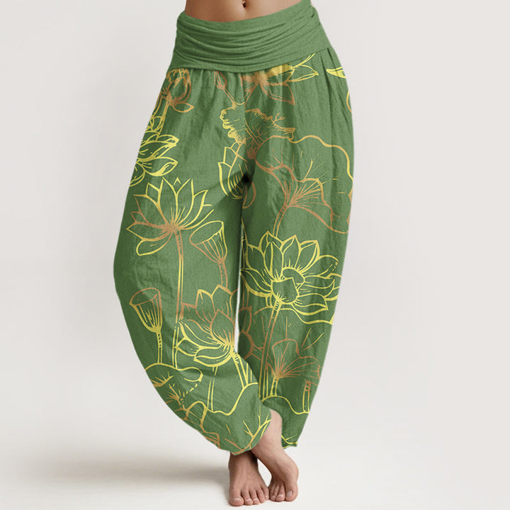 Pantalones harén de algodón con cintura elástica para mujer, estampado de Buddha Stones, flores de loto y hojas - Verde bosque - US22，UK/AU26，EU54 (6XL) - image 5