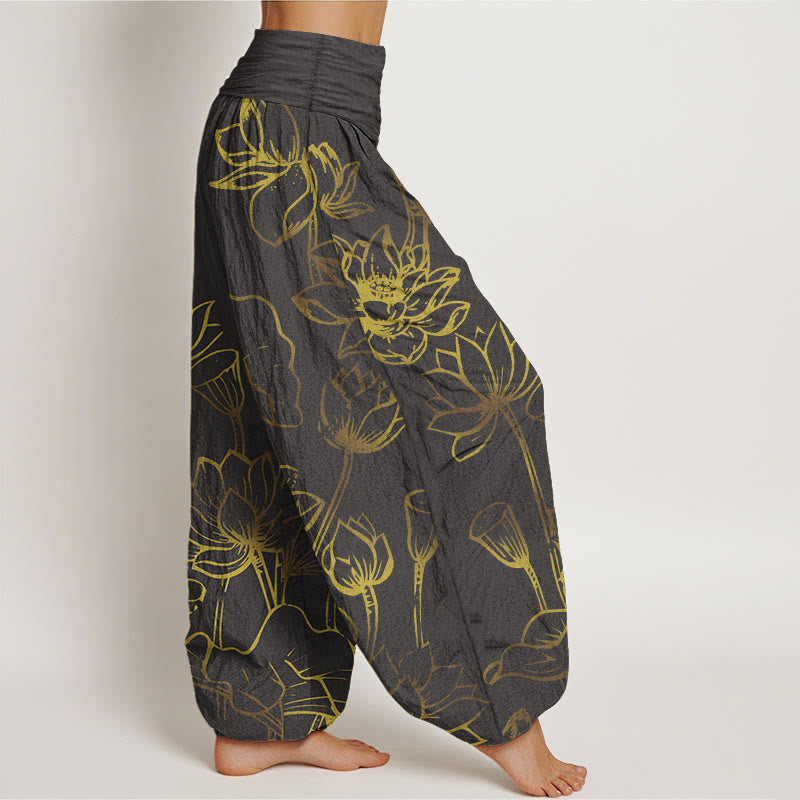 Pantalones harén de algodón con cintura elástica para mujer, estampado de Buddha Stones, flores de loto y hojas - image 9