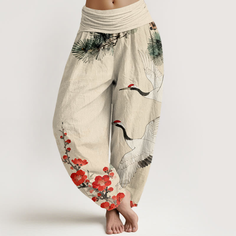 Pantalones harén de algodón con cintura elástica para mujer, estampado de Buddha Stones y flores de ciruelo - Beige - US22，UK/AU26，EU54 (6XL) - image 0