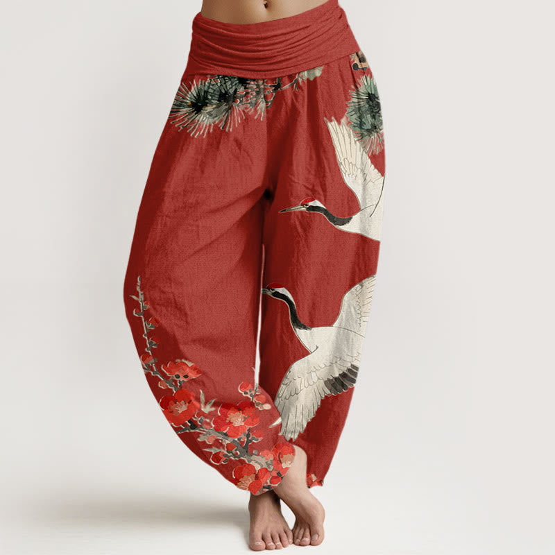 Pantalones harén de algodón con cintura elástica para mujer, estampado de Buddha Stones y flores de ciruelo - Ladrillo refractario - US22，UK/AU26，EU54 (6XL) - image 8