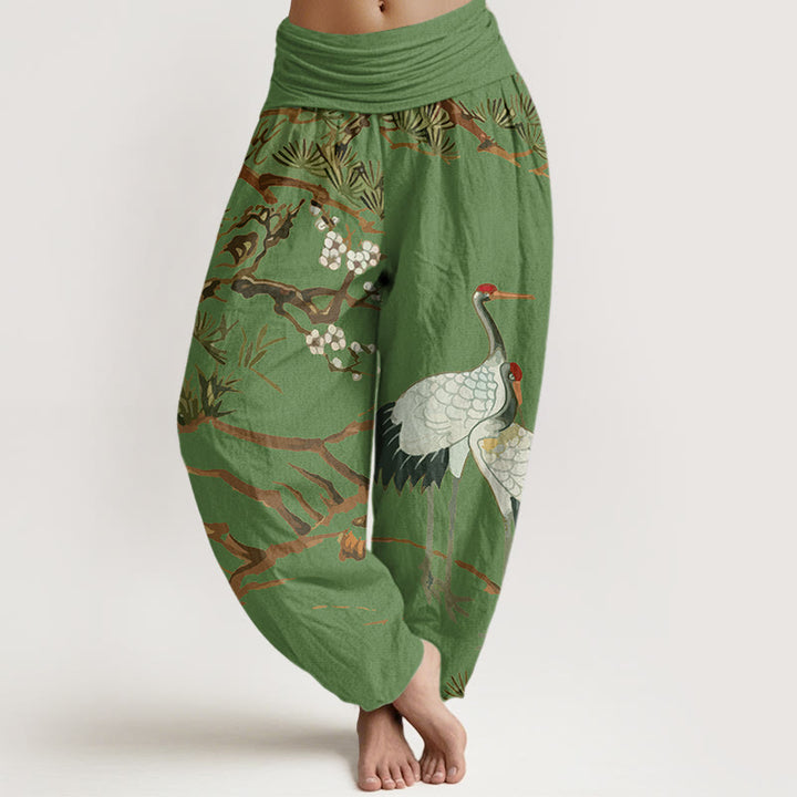 Pantalones harén de algodón con cintura elástica para mujer, estampado de Buddha Stones , flores de ciruelo, grullas y pinos - Verde bosque - US22，UK/AU26，EU54 (6XL) - image 0