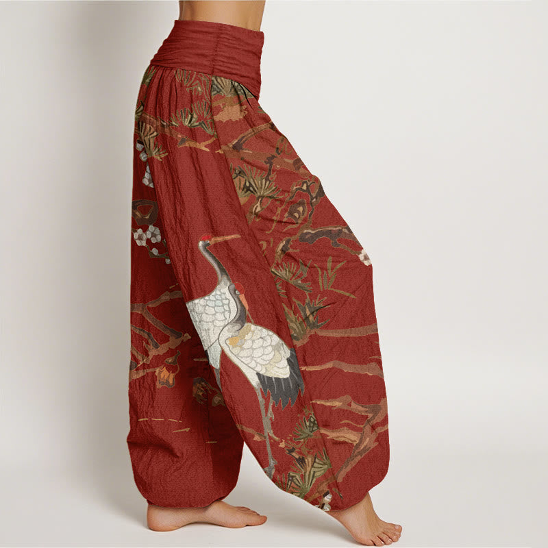 Pantalones harén de algodón con cintura elástica para mujer, estampado de Buddha Stones , flores de ciruelo, grullas y pinos - image 9