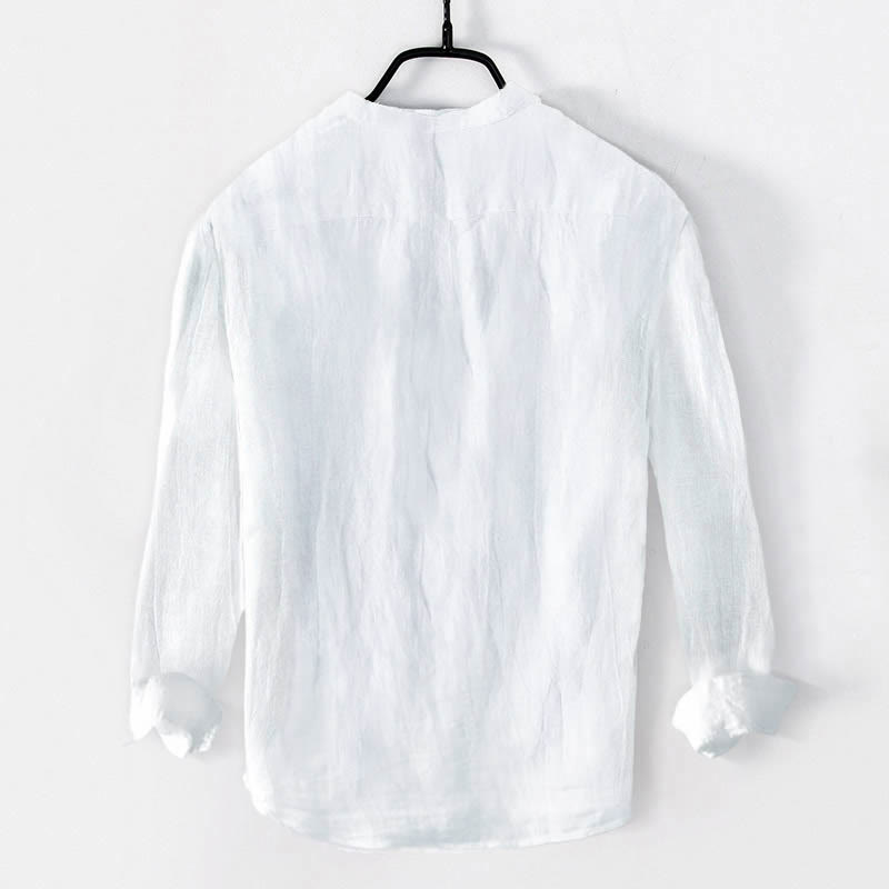 Camisa de manga larga de algodón y lino para hombre con estampado de símbolo Om y Buddha Stones , con botones y medio cuello - image 7