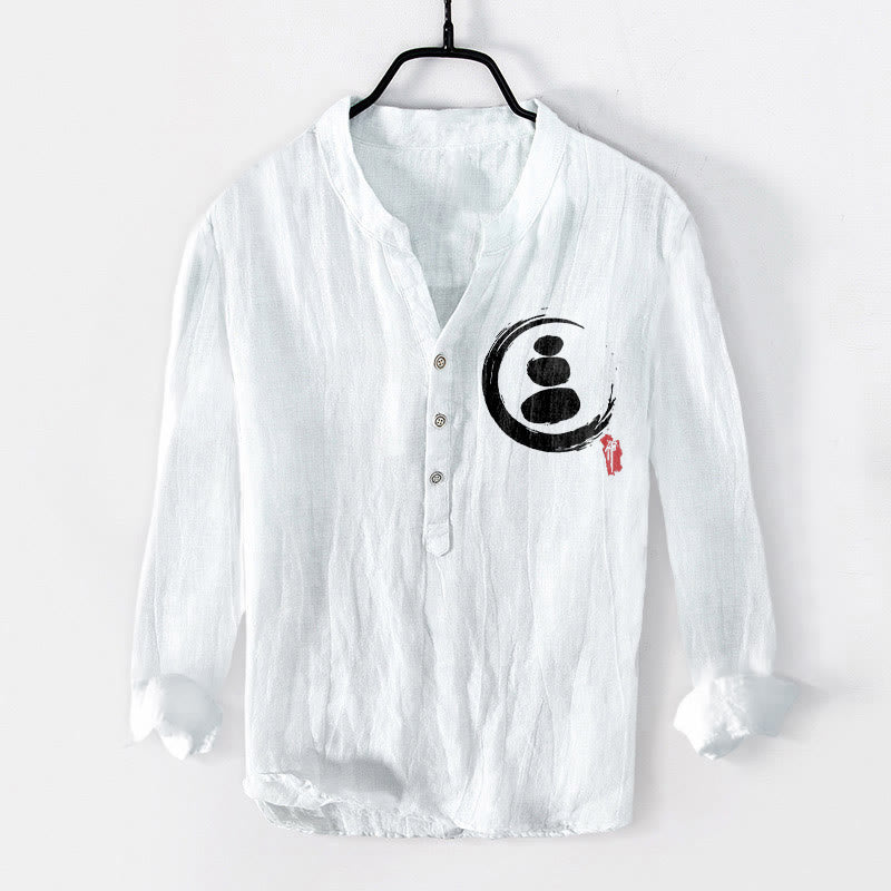 Camisa de manga larga de lino y algodón para hombre con estampado de piedras Buddha Stones y medio botón. - Blanco - US/UK/AU50, EU60 (5XL) - image 6