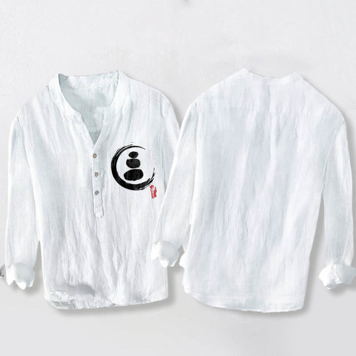 Camisa de manga larga de lino y algodón para hombre con estampado de piedras Buddha Stones y medio botón. - image 8