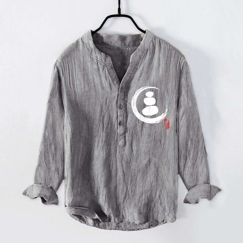 Camisa de manga larga de lino y algodón para hombre con estampado de piedras Buddha Stones y medio botón. - Gris - US/UK/AU50, UE60 (5XL) - image 0