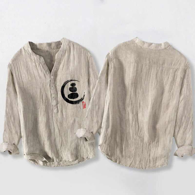 Camisa de manga larga de lino y algodón para hombre con estampado de piedras Buddha Stones y medio botón. - image 5